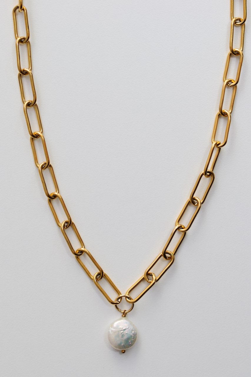 Paper clip chain Necklace with Large Freshwater Pearl